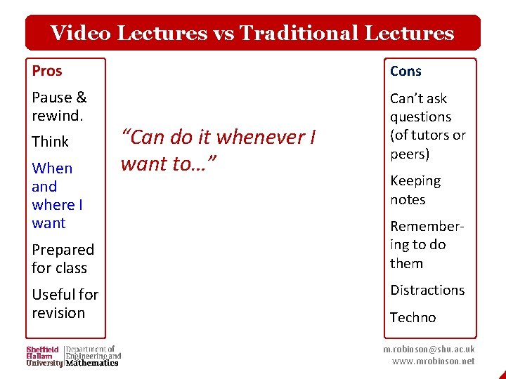 Video Lectures vs Traditional Lectures Pros Cons Pause & rewind. Can’t ask questions (of
