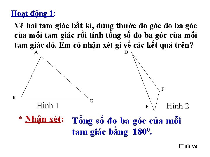 Hoạt động 1: Vẽ hai tam giác bất kì, dùng thước đo góc đo