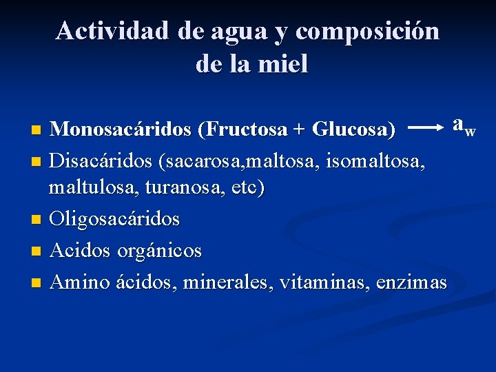 Actividad de agua y composición de la miel aw Monosacáridos (Fructosa + Glucosa) n