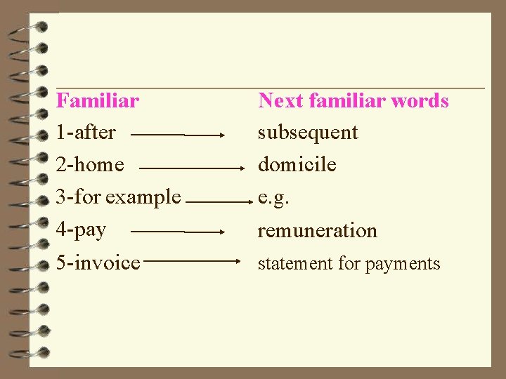 Familiar 1 -after 2 -home 3 -for example 4 -pay 5 -invoice Next familiar