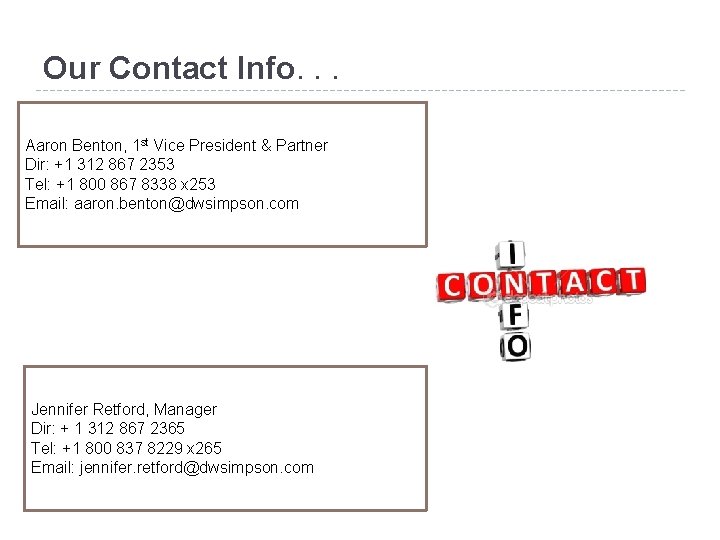 Our Contact Info. . . Aaron Benton, 1 st Vice President & Partner Dir: