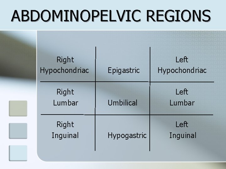 ABDOMINOPELVIC REGIONS Right Hypochondriac Right Lumbar Right Inguinal Epigastric Left Hypochondriac Umbilical Left Lumbar