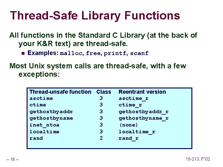 Thread-Safe Library Functions All functions in the Standard C Library (at the back of