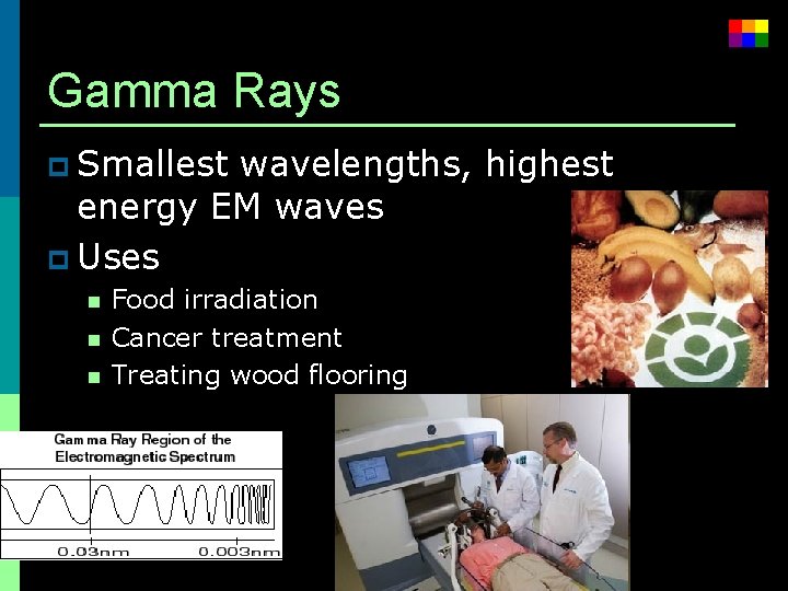 Gamma Rays p Smallest wavelengths, highest energy EM waves p Uses n n n