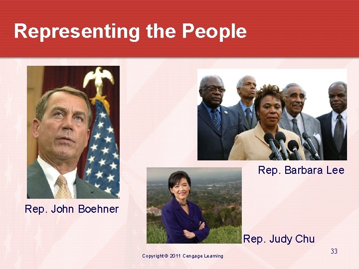 Representing the People Rep. Barbara Lee Rep. John Boehner Rep. Judy Chu Copyright ©