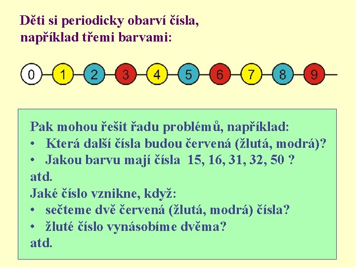 Děti si periodicky obarví čísla, například třemi barvami: Pak mohou řešit řadu problémů, například: