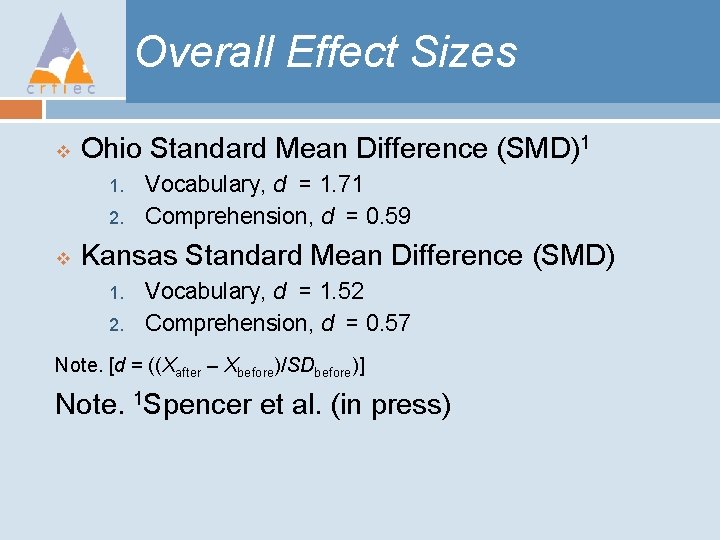 Overall Effect Sizes v Ohio Standard Mean Difference (SMD)1 1. 2. v Vocabulary, d