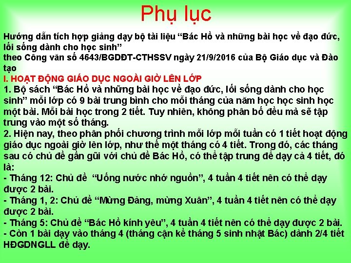 Phụ lục Hướng dẫn tích hợp giảng dạy bộ tài liệu “Bác Hồ và