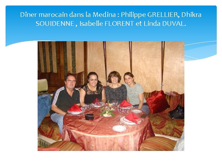 Dîner marocain dans la Medina : Philippe GRELLIER, Dhikra SOUIDENNE , Isabelle FLORENT et