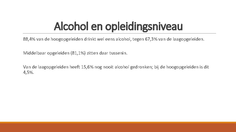 Alcohol en opleidingsniveau 88, 4% van de hoogopgeleiden drinkt wel eens alcohol, tegen 67, Alcohol en opleidingsniveau 88, 4% van de hoogopgeleiden drinkt wel eens alcohol, tegen 67,