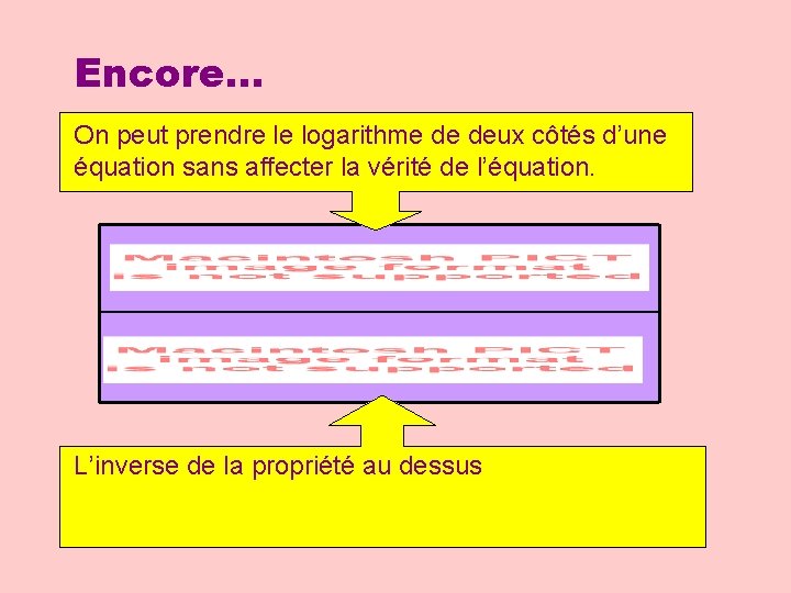 Encore… On peut prendre le logarithme de deux côtés d’une équation sans affecter la Encore… On peut prendre le logarithme de deux côtés d’une équation sans affecter la