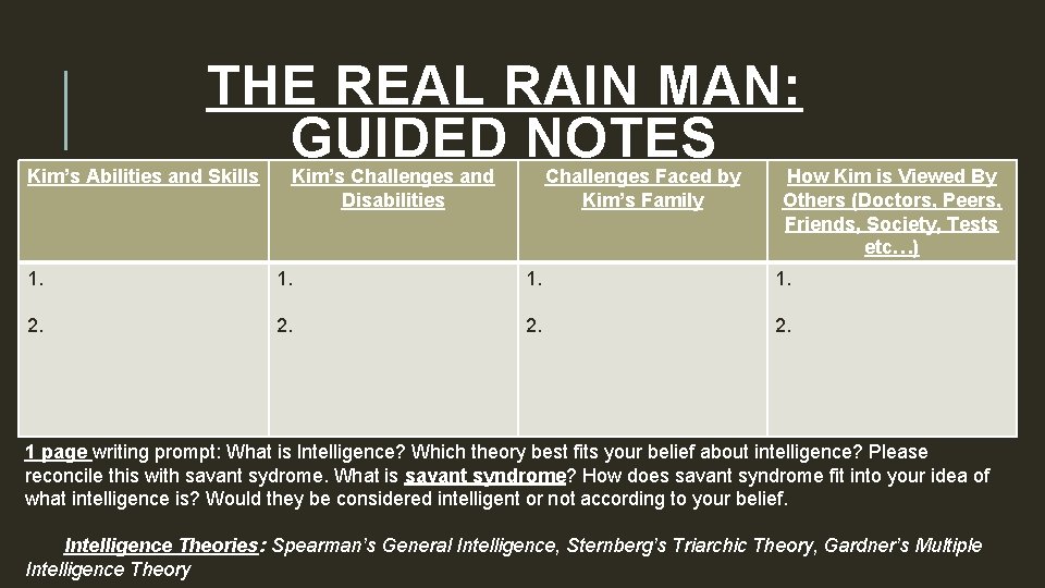 THE REAL RAIN MAN: GUIDED NOTES Kim’s Abilities and Skills Kim’s Challenges and Disabilities