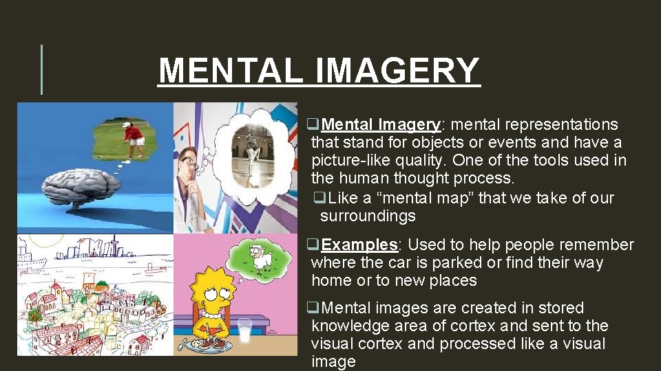 MENTAL IMAGERY q. Mental Imagery: mental representations that stand for objects or events and