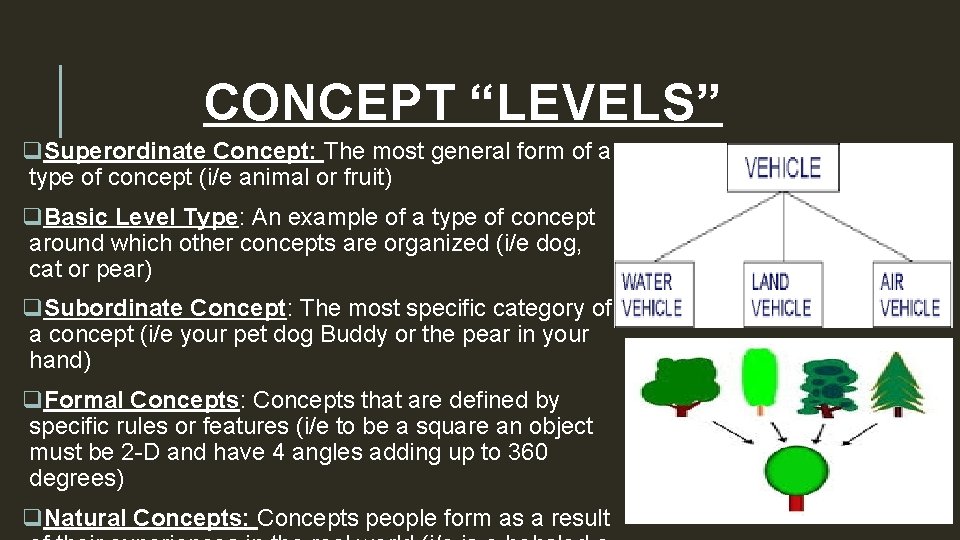 CONCEPT “LEVELS” q. Superordinate Concept: The most general form of a type of concept