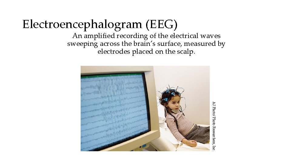 Electroencephalogram (EEG) An amplified recording of the electrical waves sweeping across the brain’s surface,