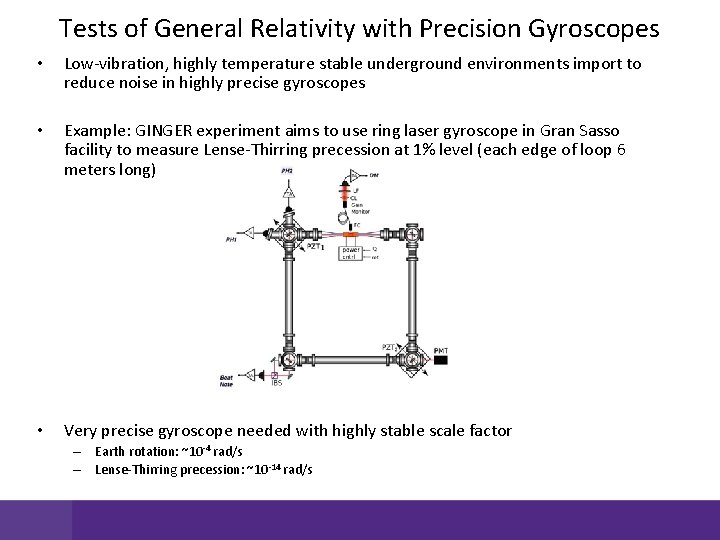 Tests of General Relativity with Precision Gyroscopes • Low-vibration, highly temperature stable underground environments