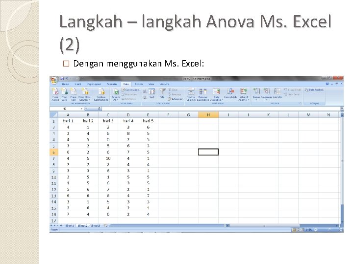 Langkah – langkah Anova Ms. Excel (2) � Dengan menggunakan Ms. Excel: 