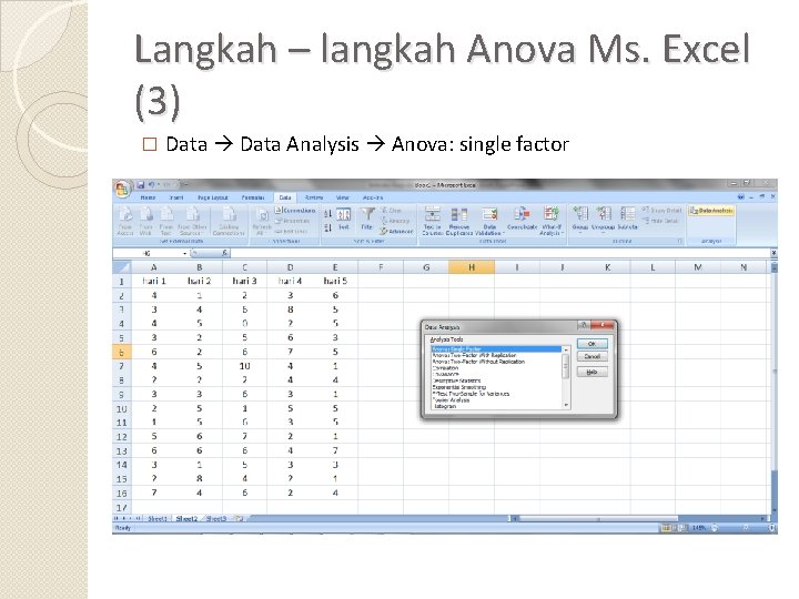 Langkah – langkah Anova Ms. Excel (3) � Data Analysis Anova: single factor 