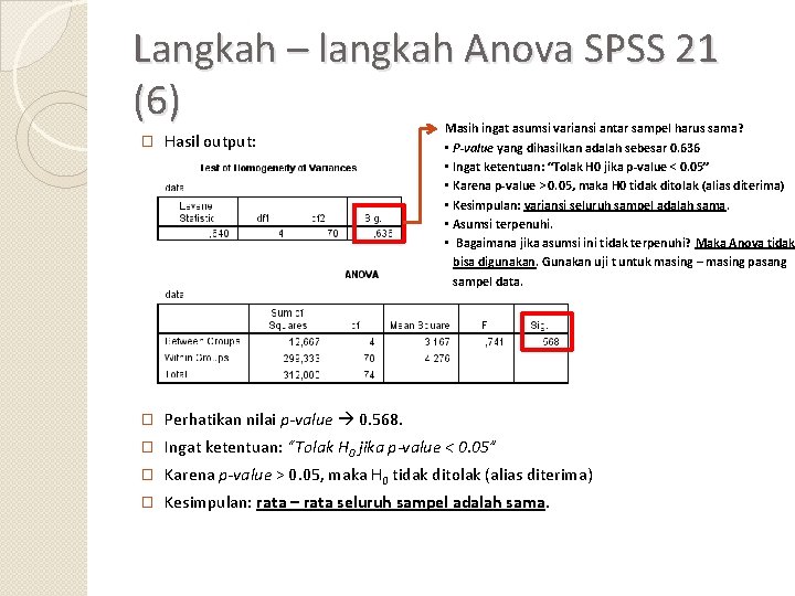 Langkah – langkah Anova SPSS 21 (6) Masih ingat asumsi variansi antar sampel harus