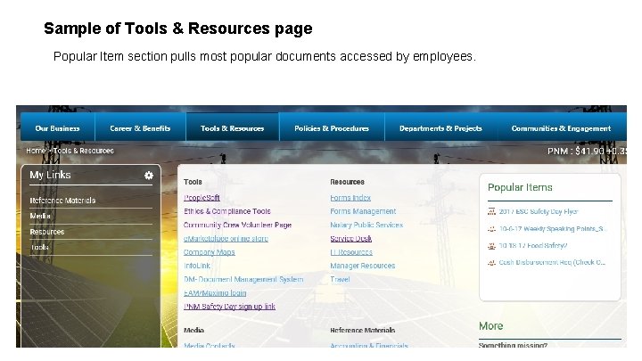 Sample of Tools & Resources page Popular Item section pulls most popular documents accessed