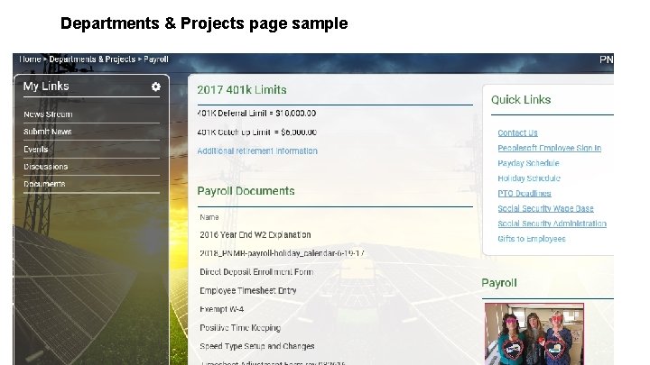 Departments & Projects page sample 