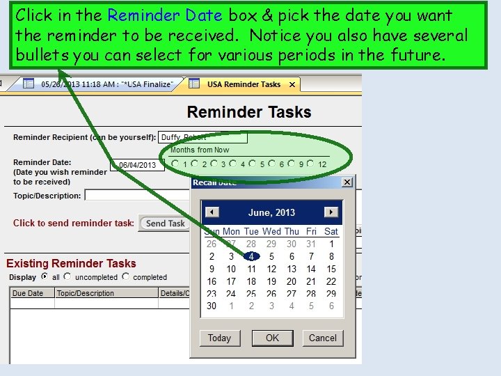 Click in the Reminder Date box & pick the date you want the reminder