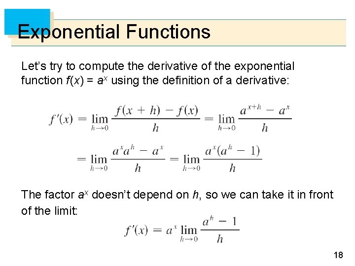 Exponential Functions Let’s try to compute the derivative of the exponential function f (x)