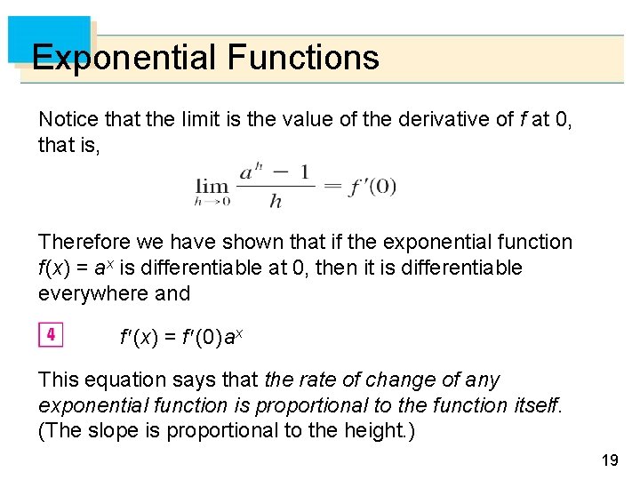 Exponential Functions Notice that the limit is the value of the derivative of f