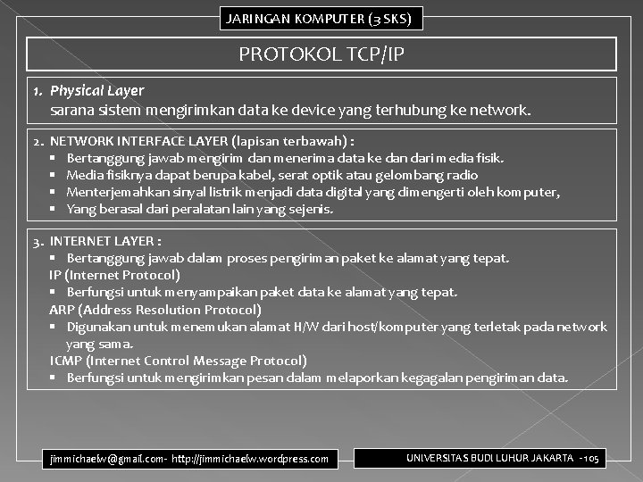 JARINGAN KOMPUTER (3 SKS) PROTOKOL TCP/IP 1. Physical Layer sarana sistem mengirimkan data ke