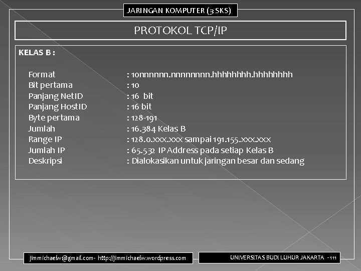 JARINGAN KOMPUTER (3 SKS) PROTOKOL TCP/IP KELAS B : Format Bit pertama Panjang Net. JARINGAN KOMPUTER (3 SKS) PROTOKOL TCP/IP KELAS B : Format Bit pertama Panjang Net.