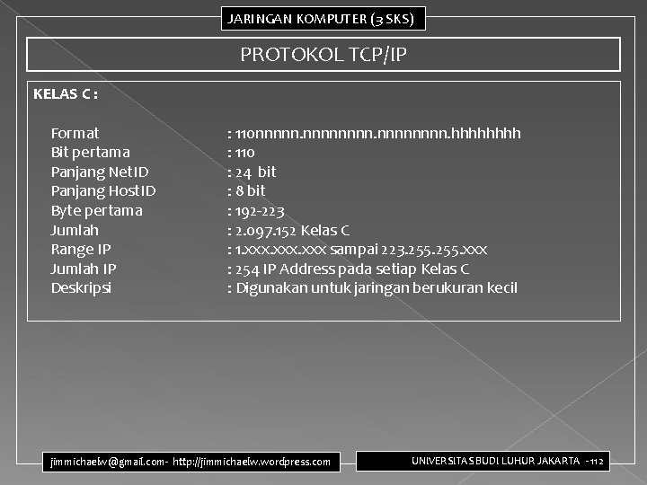 JARINGAN KOMPUTER (3 SKS) PROTOKOL TCP/IP KELAS C : Format Bit pertama Panjang Net. JARINGAN KOMPUTER (3 SKS) PROTOKOL TCP/IP KELAS C : Format Bit pertama Panjang Net.