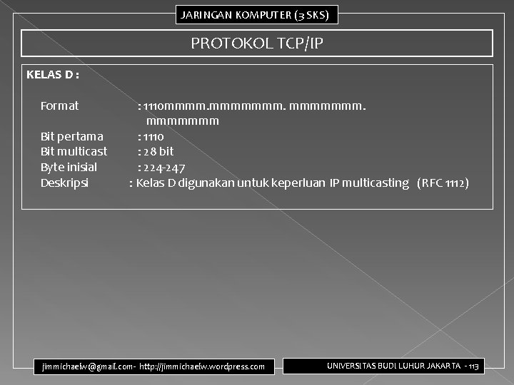 JARINGAN KOMPUTER (3 SKS) PROTOKOL TCP/IP KELAS D : Format : 1110 mmmmmmm. mmmmmmm