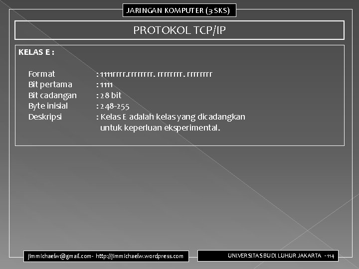 JARINGAN KOMPUTER (3 SKS) PROTOKOL TCP/IP KELAS E : Format Bit pertama Bit cadangan JARINGAN KOMPUTER (3 SKS) PROTOKOL TCP/IP KELAS E : Format Bit pertama Bit cadangan