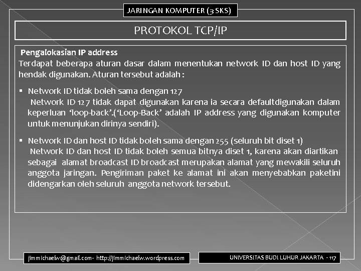 JARINGAN KOMPUTER (3 SKS) PROTOKOL TCP/IP Pengalokasian IP address Terdapat beberapa aturan dasar dalam