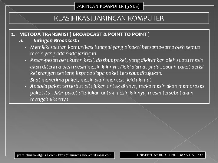 JARINGAN KOMPUTER (3 SKS) KLASIFIKASI JARINGAN KOMPUTER 2. METODA TRANSMISI [ BROADCAST & POINT JARINGAN KOMPUTER (3 SKS) KLASIFIKASI JARINGAN KOMPUTER 2. METODA TRANSMISI [ BROADCAST & POINT