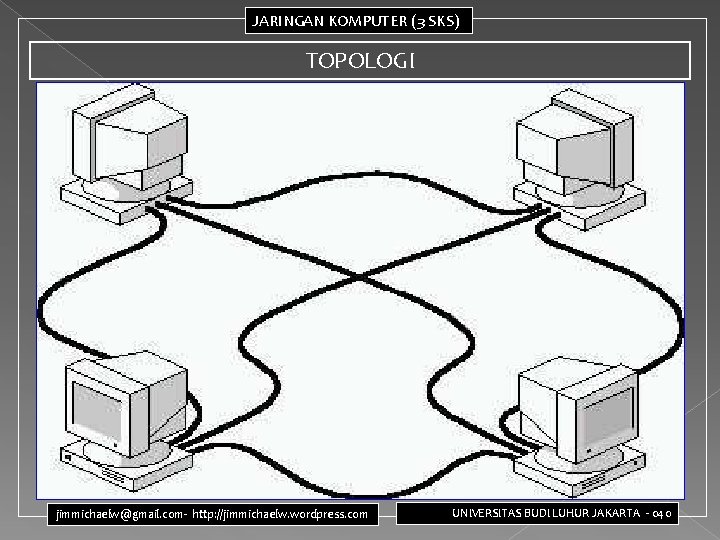 JARINGAN KOMPUTER (3 SKS) TOPOLOGI jimmichaelw@gmail. com- http: //jimmichaelw. wordpress. com UNIVERSITAS BUDI LUHUR JARINGAN KOMPUTER (3 SKS) TOPOLOGI jimmichaelw@gmail. com- http: //jimmichaelw. wordpress. com UNIVERSITAS BUDI LUHUR