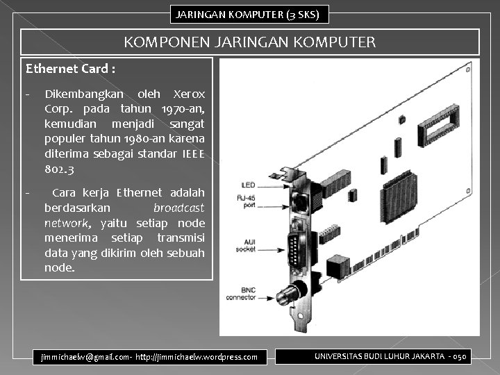 JARINGAN KOMPUTER (3 SKS) KOMPONEN JARINGAN KOMPUTER Ethernet Card : - Dikembangkan oleh Xerox