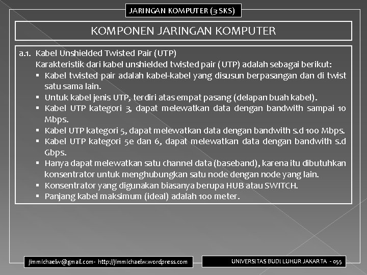 JARINGAN KOMPUTER (3 SKS) KOMPONEN JARINGAN KOMPUTER a. 1. Kabel Unshielded Twisted Pair (UTP) JARINGAN KOMPUTER (3 SKS) KOMPONEN JARINGAN KOMPUTER a. 1. Kabel Unshielded Twisted Pair (UTP)