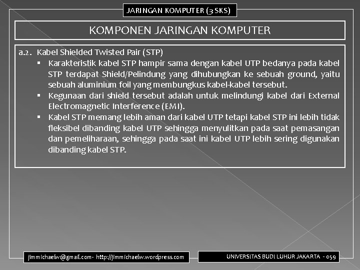 JARINGAN KOMPUTER (3 SKS) KOMPONEN JARINGAN KOMPUTER a. 2. Kabel Shielded Twisted Pair (STP)