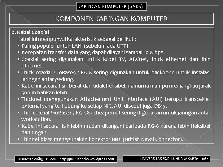 JARINGAN KOMPUTER (3 SKS) KOMPONEN JARINGAN KOMPUTER b. Kabel Coaxial Kabel ini mempunyai karakteristik