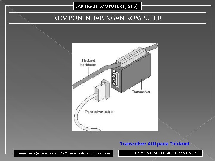 JARINGAN KOMPUTER (3 SKS) KOMPONEN JARINGAN KOMPUTER Transceiver AUI pada Thicknet jimmichaelw@gmail. com- http: