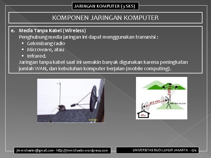 JARINGAN KOMPUTER (3 SKS) KOMPONEN JARINGAN KOMPUTER e. Media Tanpa Kabel (Wireless) Penghubung media JARINGAN KOMPUTER (3 SKS) KOMPONEN JARINGAN KOMPUTER e. Media Tanpa Kabel (Wireless) Penghubung media