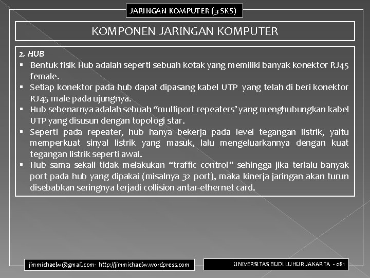 JARINGAN KOMPUTER (3 SKS) KOMPONEN JARINGAN KOMPUTER 2. HUB § Bentuk fisik Hub adalah