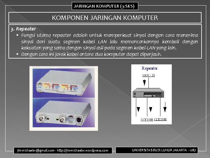 JARINGAN KOMPUTER (3 SKS) KOMPONEN JARINGAN KOMPUTER 3. Repeater § Fungsi utama repeater adalah