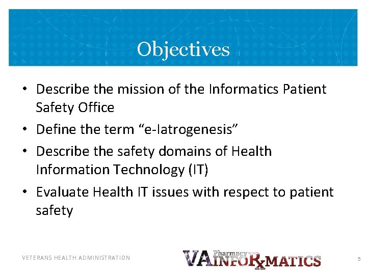 Objectives • Describe the mission of the Informatics Patient Safety Office • Define the