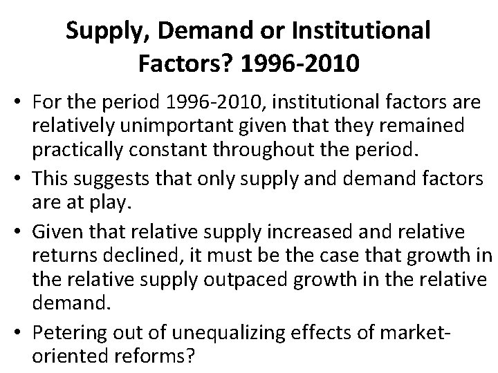 Supply, Demand or Institutional Factors? 1996 -2010 • For the period 1996 -2010, institutional
