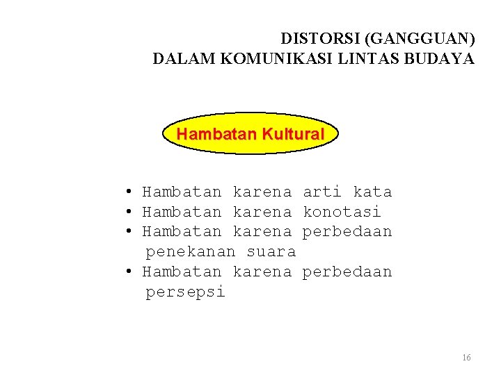 DISTORSI (GANGGUAN) DALAM KOMUNIKASI LINTAS BUDAYA Hambatan Kultural • Hambatan karena arti kata •