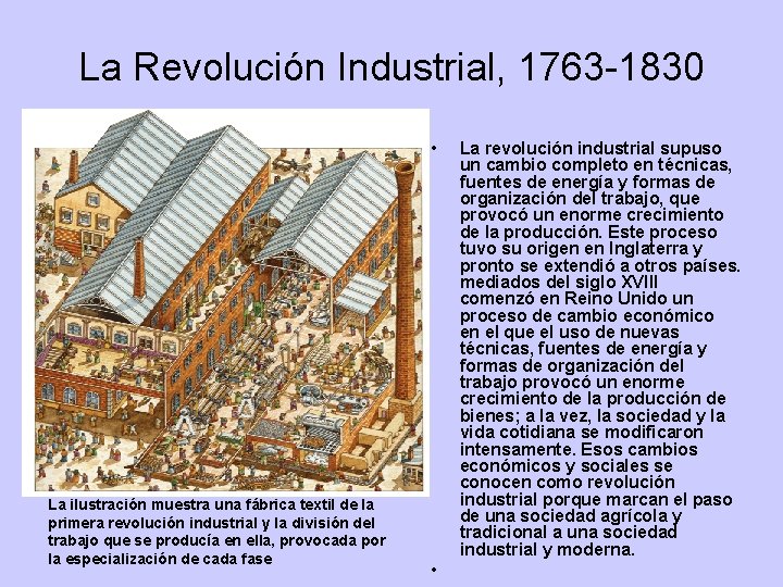 La Revolución Industrial, 1763 -1830. • • La ilustración muestra una fábrica textil de La Revolución Industrial, 1763 -1830. • • La ilustración muestra una fábrica textil de