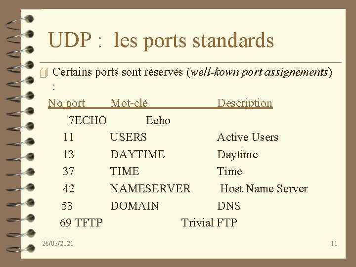 UDP : les ports standards 4 Certains ports sont réservés (well-kown port assignements) :