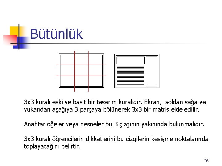 Bütünlük 3 x 3 kuralı eski ve basit bir tasarım kuralıdır. Ekran, soldan sağa